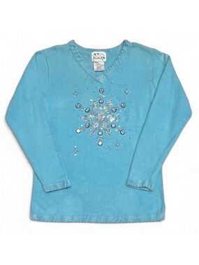 Quacker Factory Light Blue Sequins and Rhinestones Snowflakes Sweater Size Small